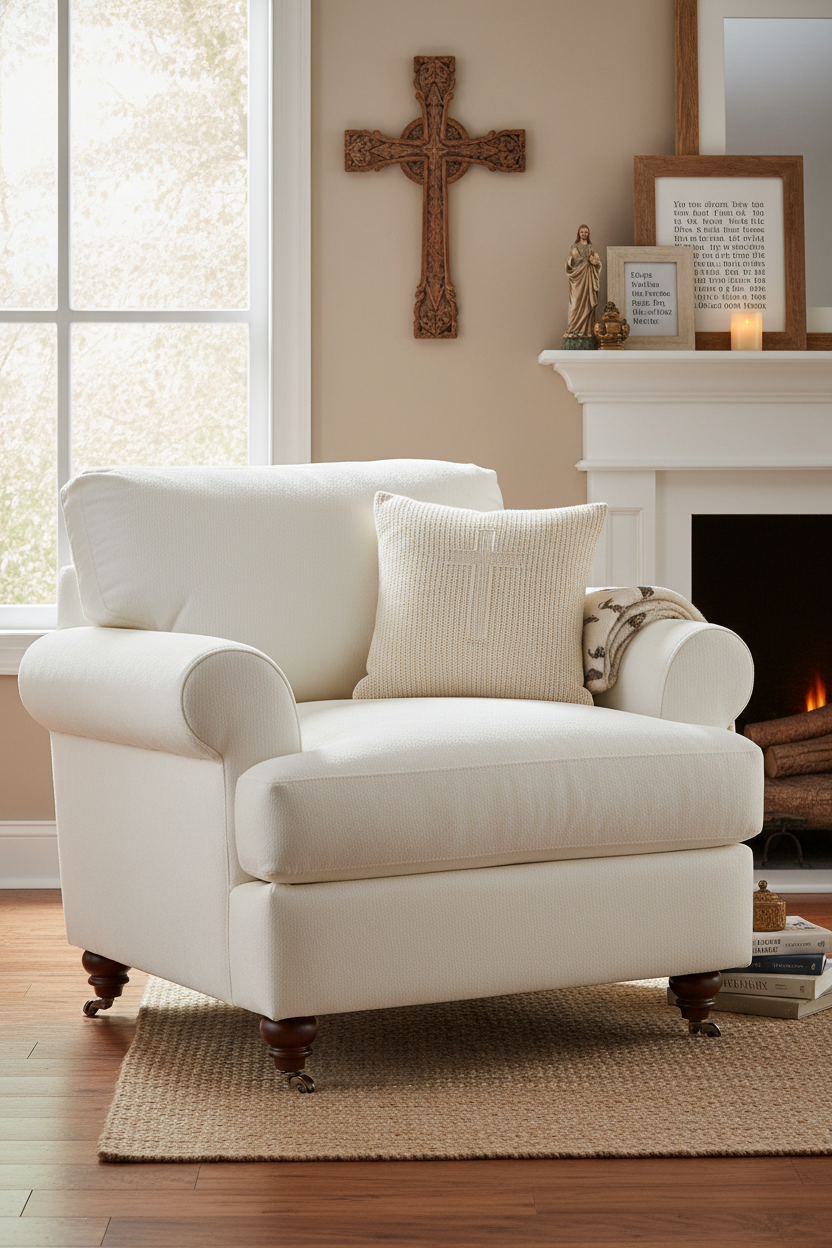 White chenille armchair full view with legs in Christian home