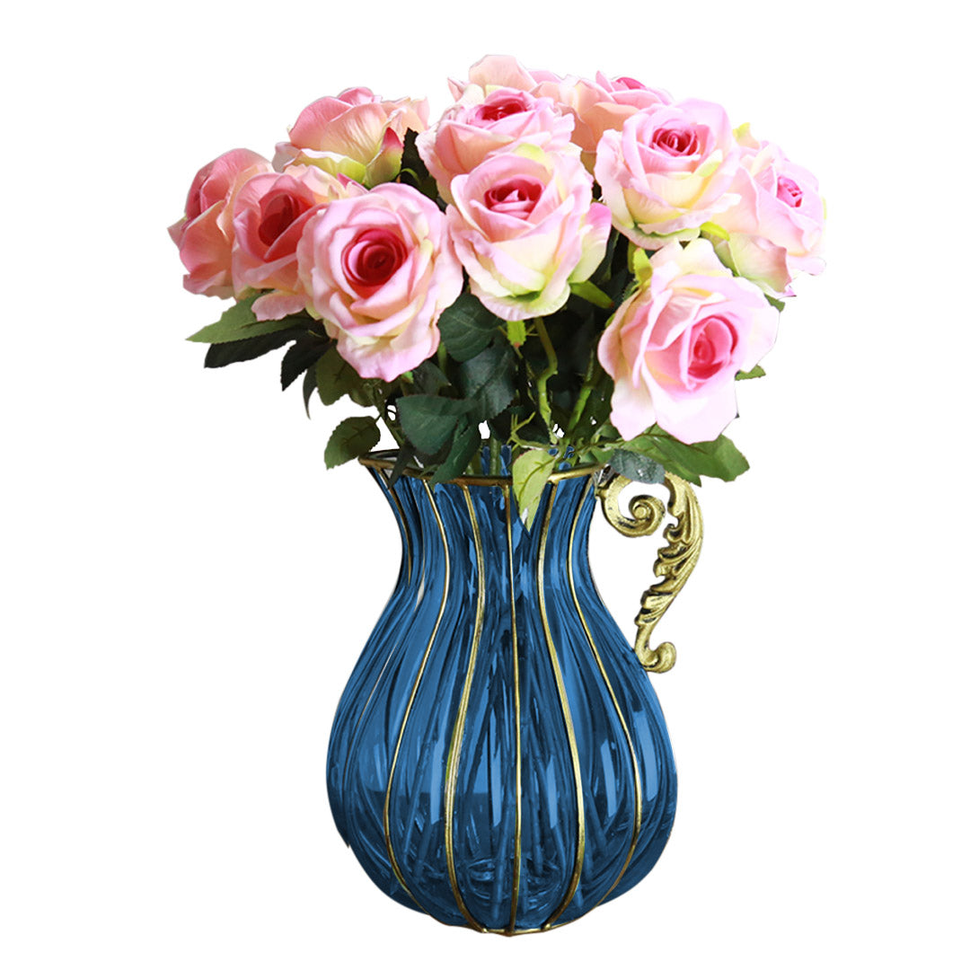 NNEAGS Blue European Colored Glass Home Decor Jar Flower Vase with Metal Handle