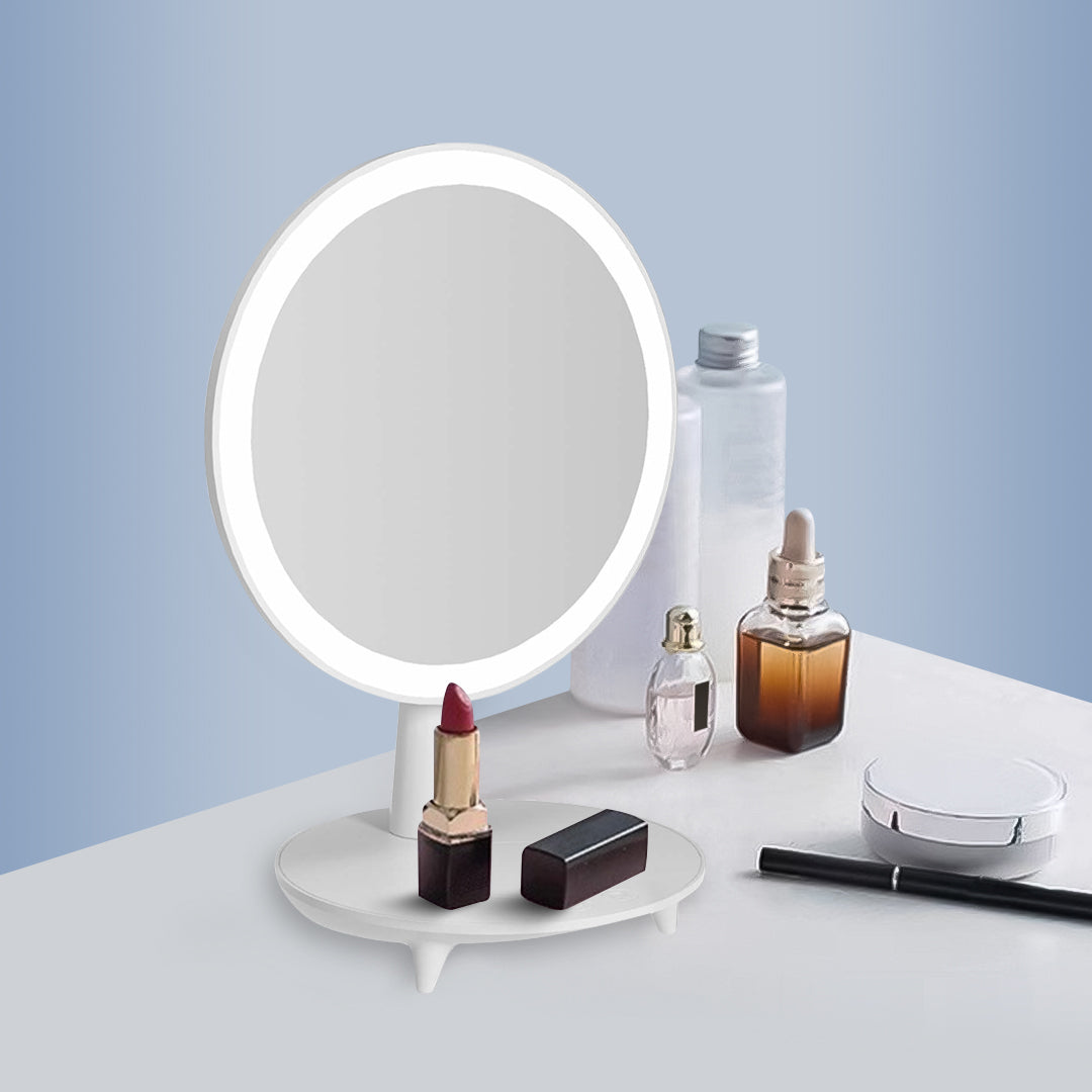 Round White Rechargeable LED Light Makeup Mirror Tabletop Vanity Home Decor