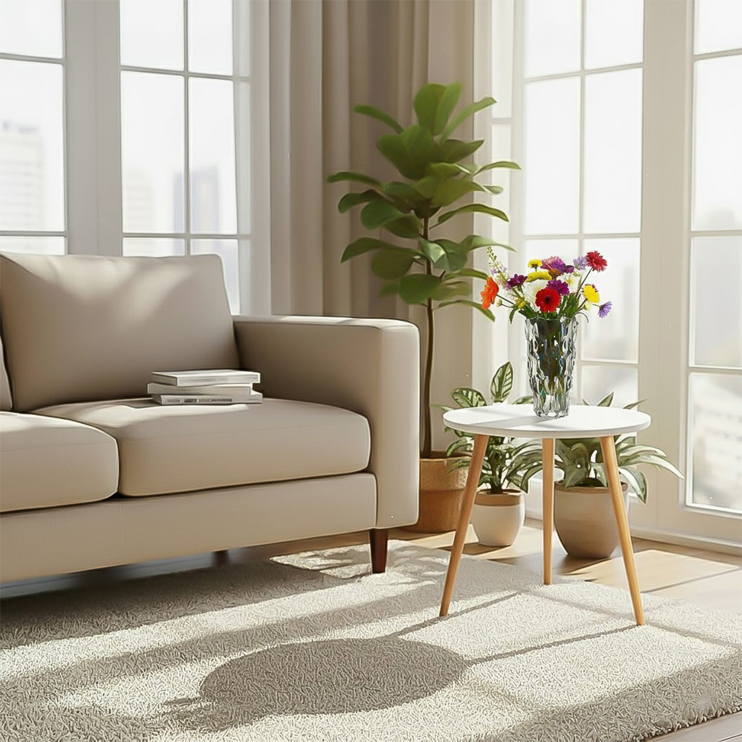Home & Living Bundle – White Side Coffee Table & Clear Glass Vase for Modern Home Decor