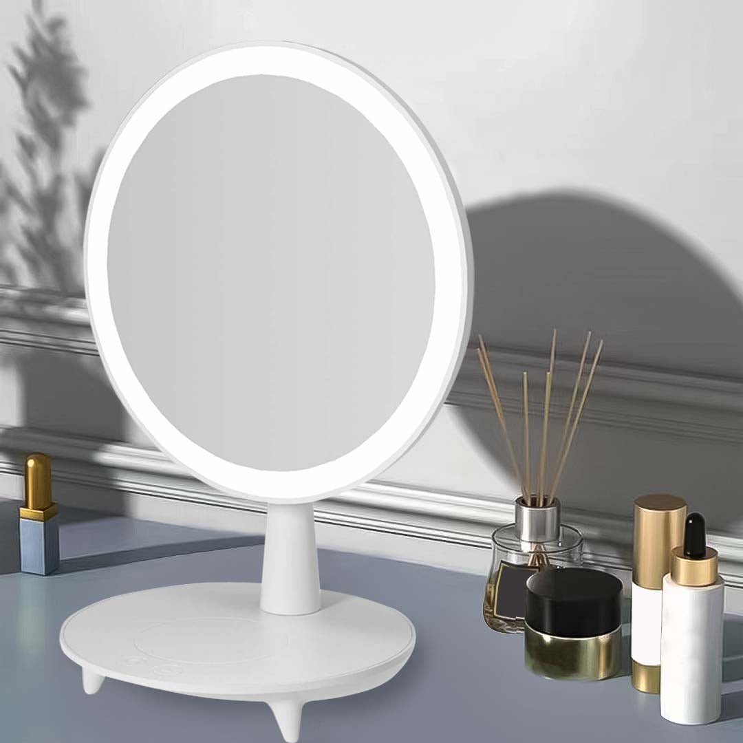 Round White Rechargeable LED Light Makeup Mirror Tabletop Vanity Home Decor
