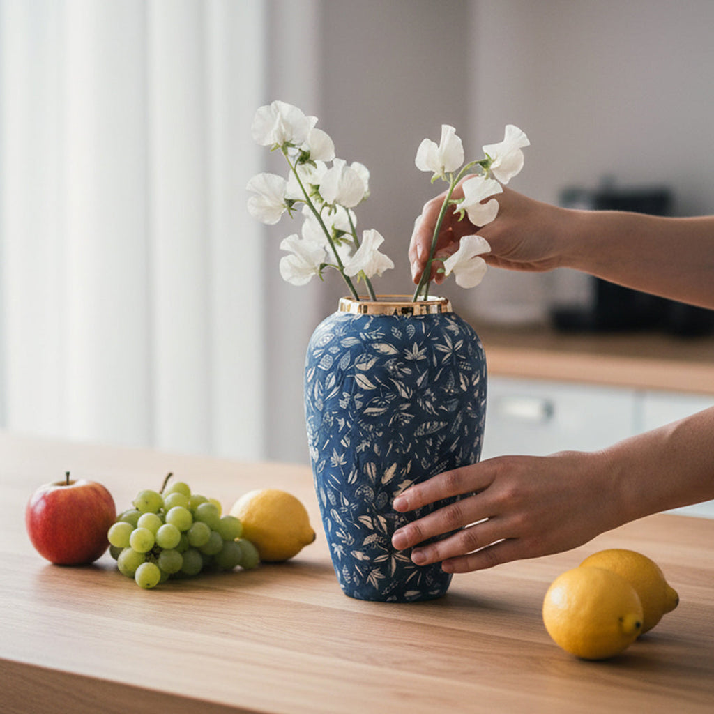 Blue Medium Ceramic Flower Vase Elegant Living Room Home Decor