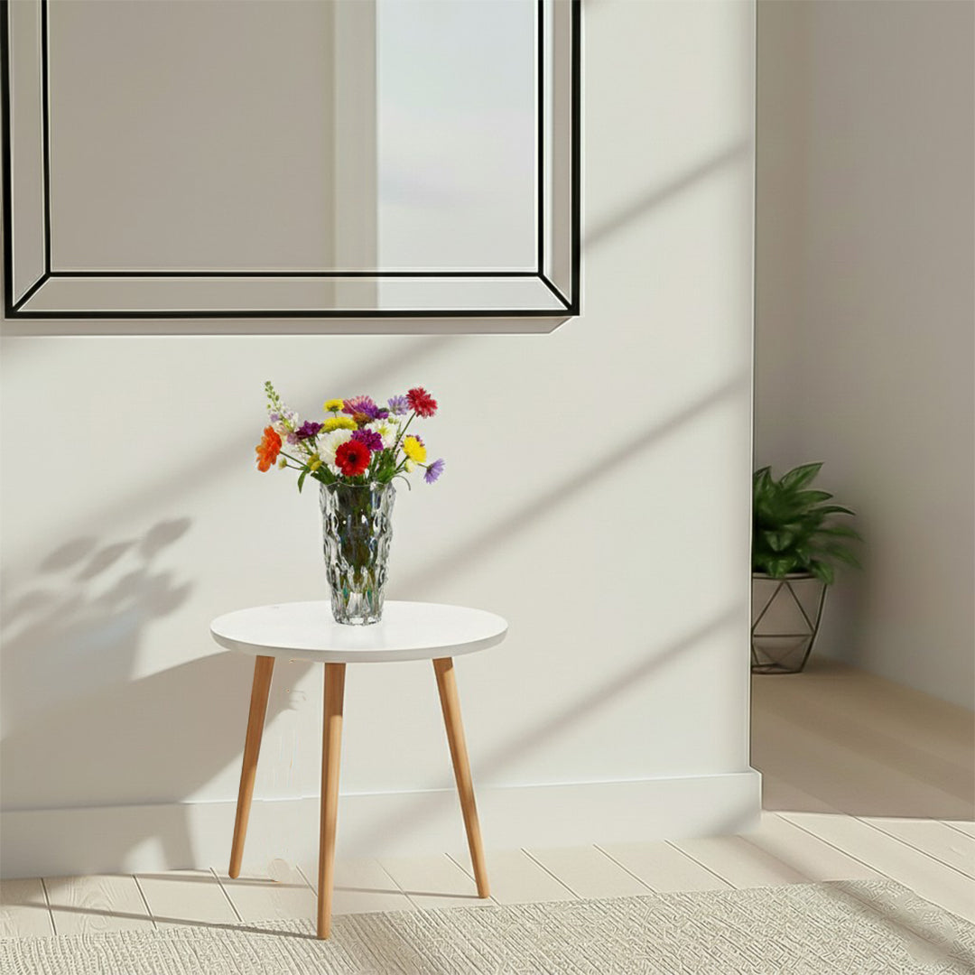 Home & Living Bundle – White Side Coffee Table & Clear Glass Vase for Modern Home Decor