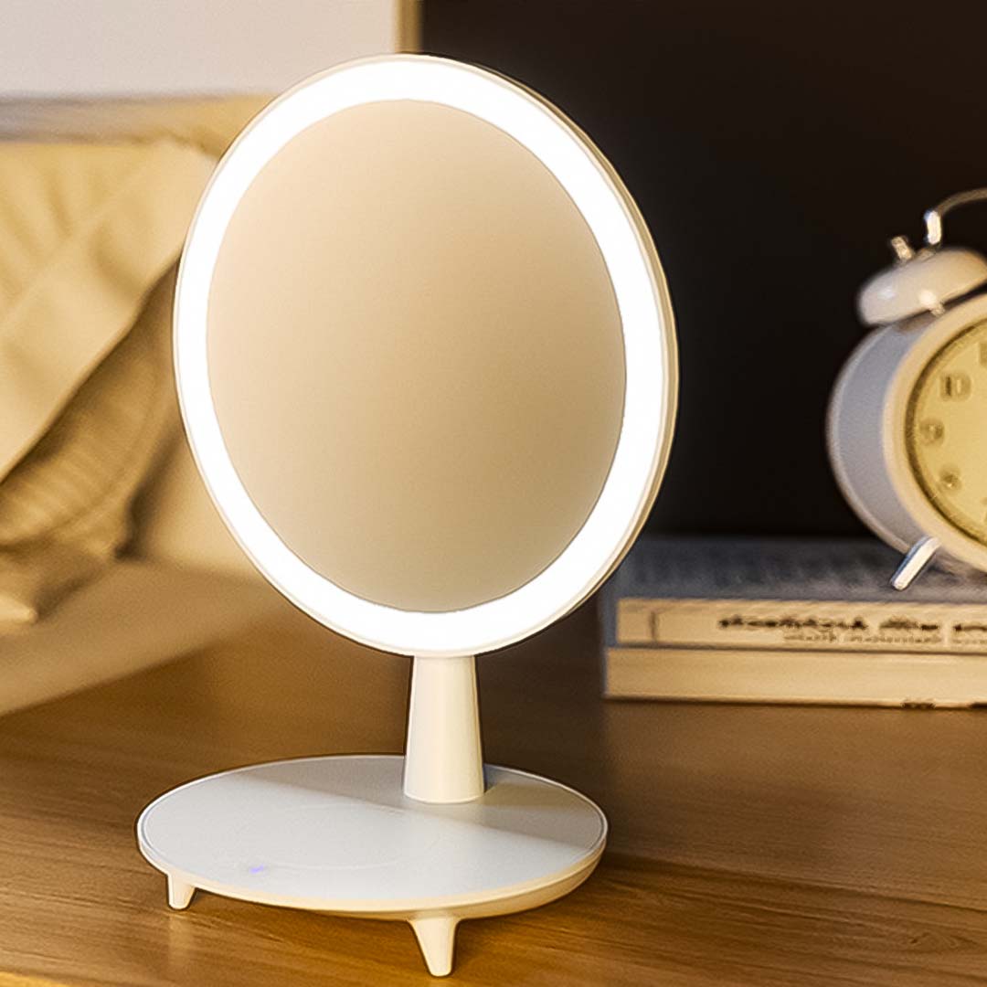 Round White Rechargeable LED Light Makeup Mirror Tabletop Vanity Home Decor
