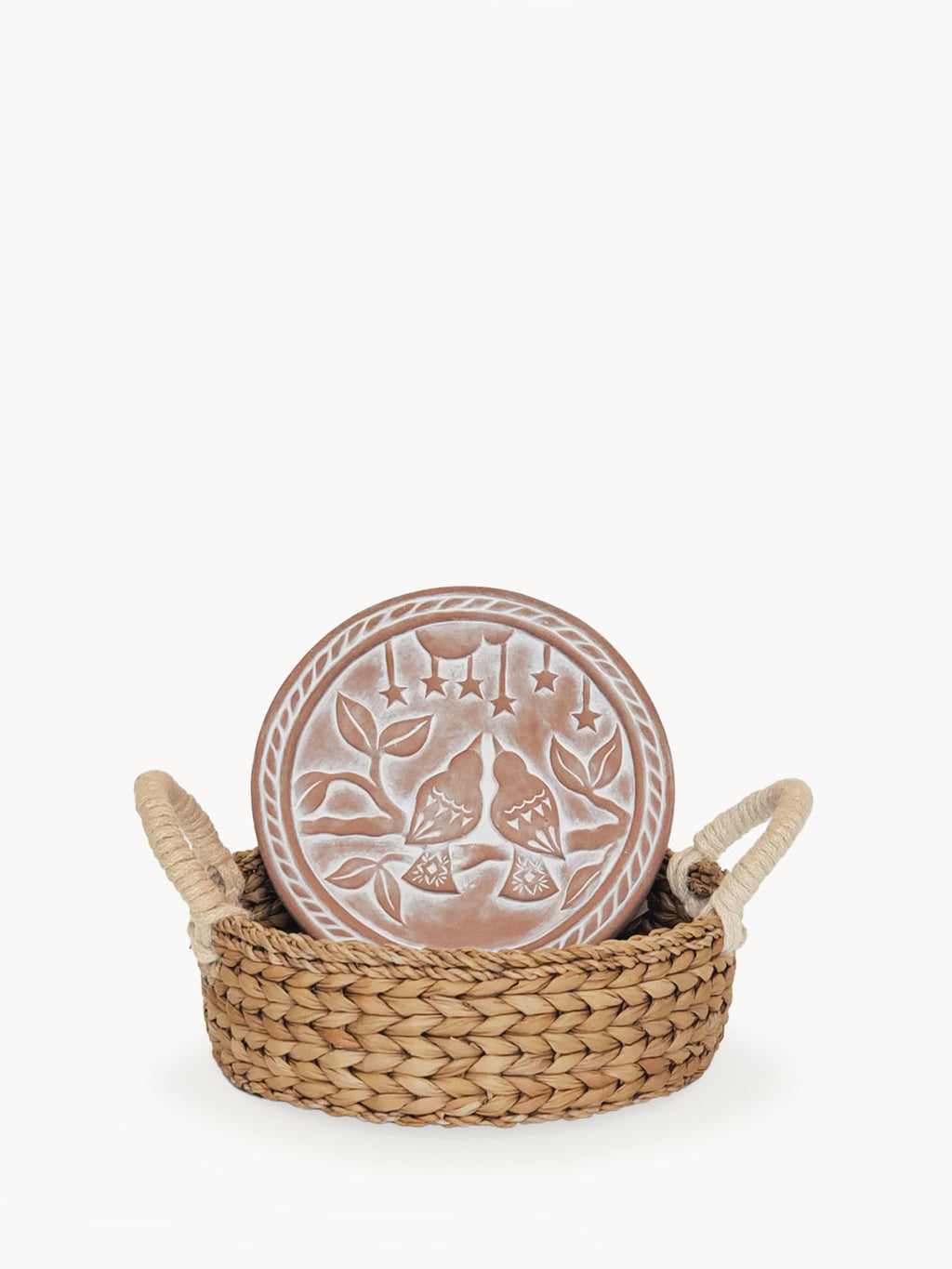 Terracotta Bread Warmer & Handwoven Seagrass Basket | Lovebirds Engraved | Handmade in Bangladesh | KORISSA