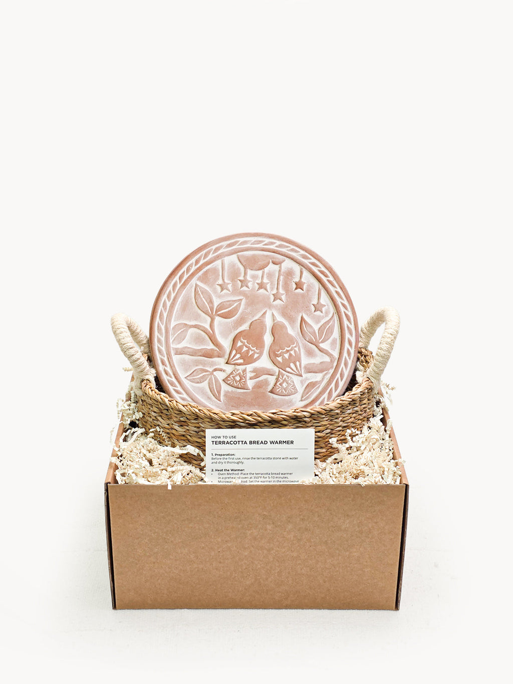 Terracotta Bread Warmer & Handwoven Seagrass Basket | Lovebirds Engraved | Handmade in Bangladesh | KORISSA
