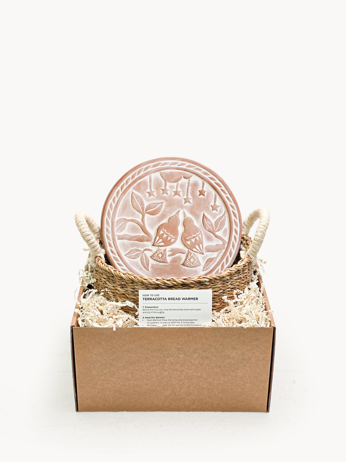 Terracotta Bread Warmer & Handwoven Seagrass Basket | Lovebirds Engraved | Handmade in Bangladesh | KORISSA