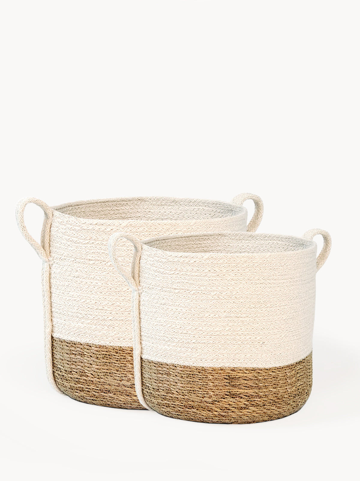 Handmade Jute & Seagrass Basket with Side Handle | Made in Bangladesh | Natural & White | Korissa