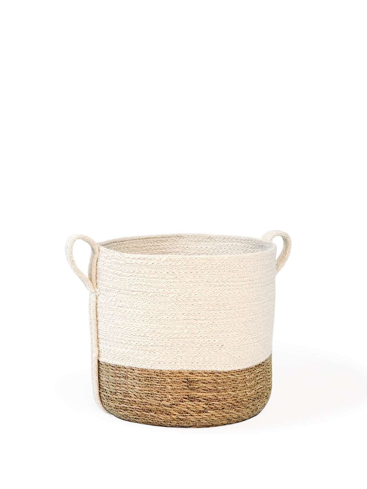 Handmade Jute & Seagrass Basket with Side Handle | Made in Bangladesh | Natural & White | Korissa
