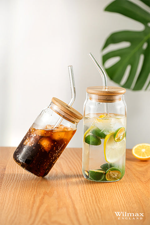 Glass Tumbler with Bamboo Lid & Glass Straw | 17 fl oz | Crystal Clear | Dishwasher Safe | England | Wilmax England