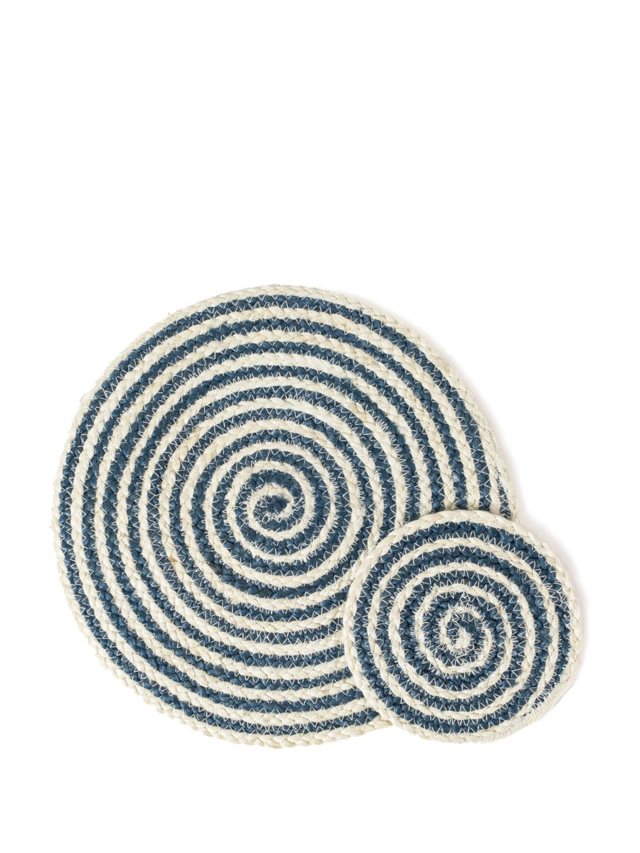 Kata Spiral Jute Placemat | Blue & White | Set of 4 | Handmade in Bangladesh | Korissa