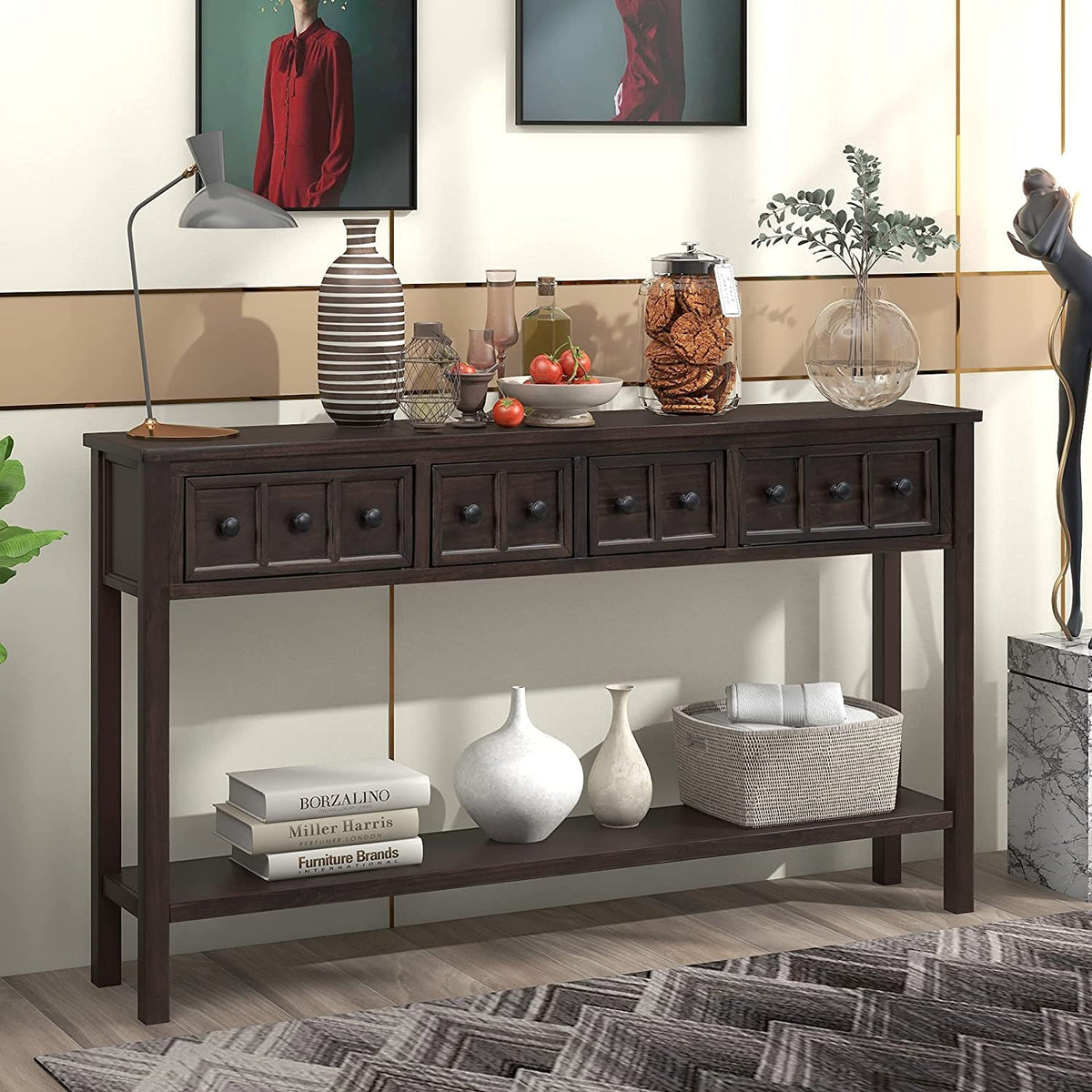 Rustic 60 Inch Console Table With Drawers And Shelf