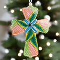Painted Leaf Cross Ornament – Handcrafted Metal Art