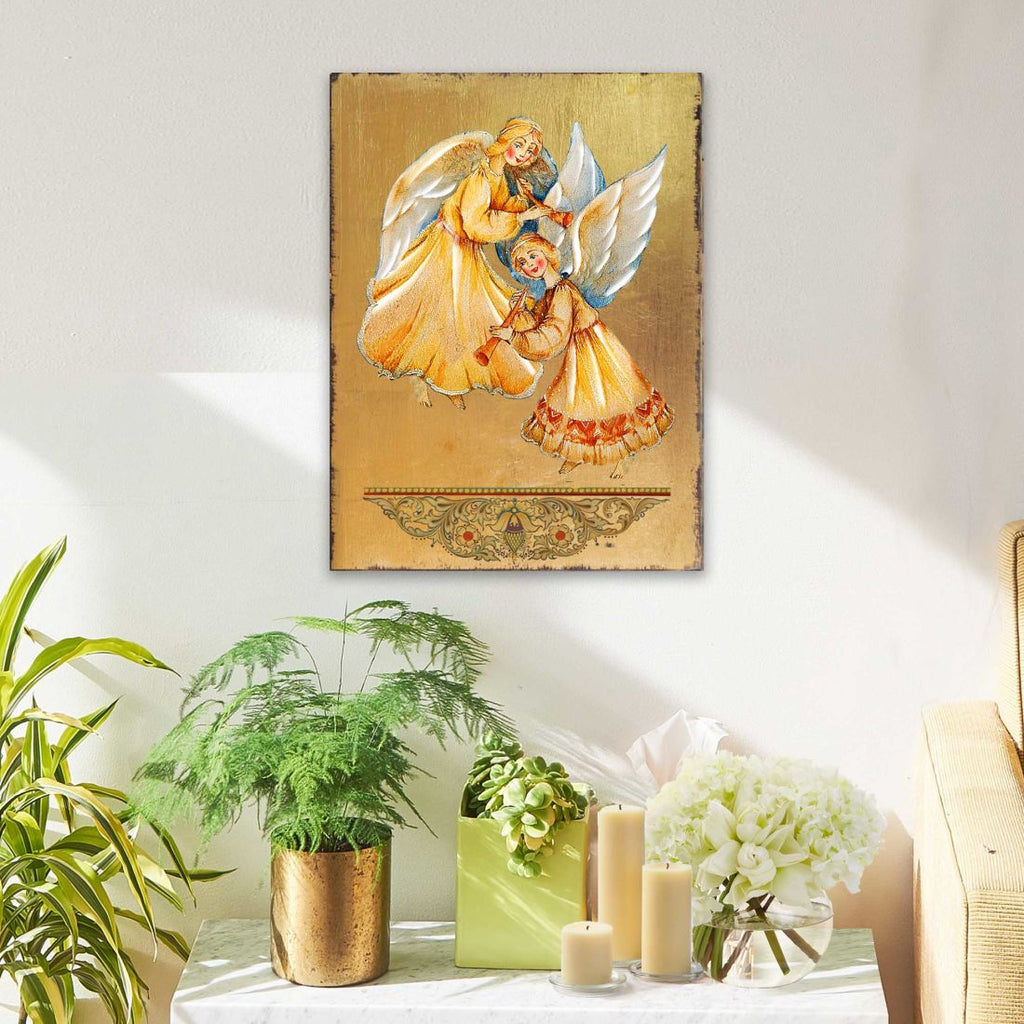 Angels Watching Over You Wooden Gold Plated Religious Christian Sacred Icon - Inspirational Icon Decor - 85046