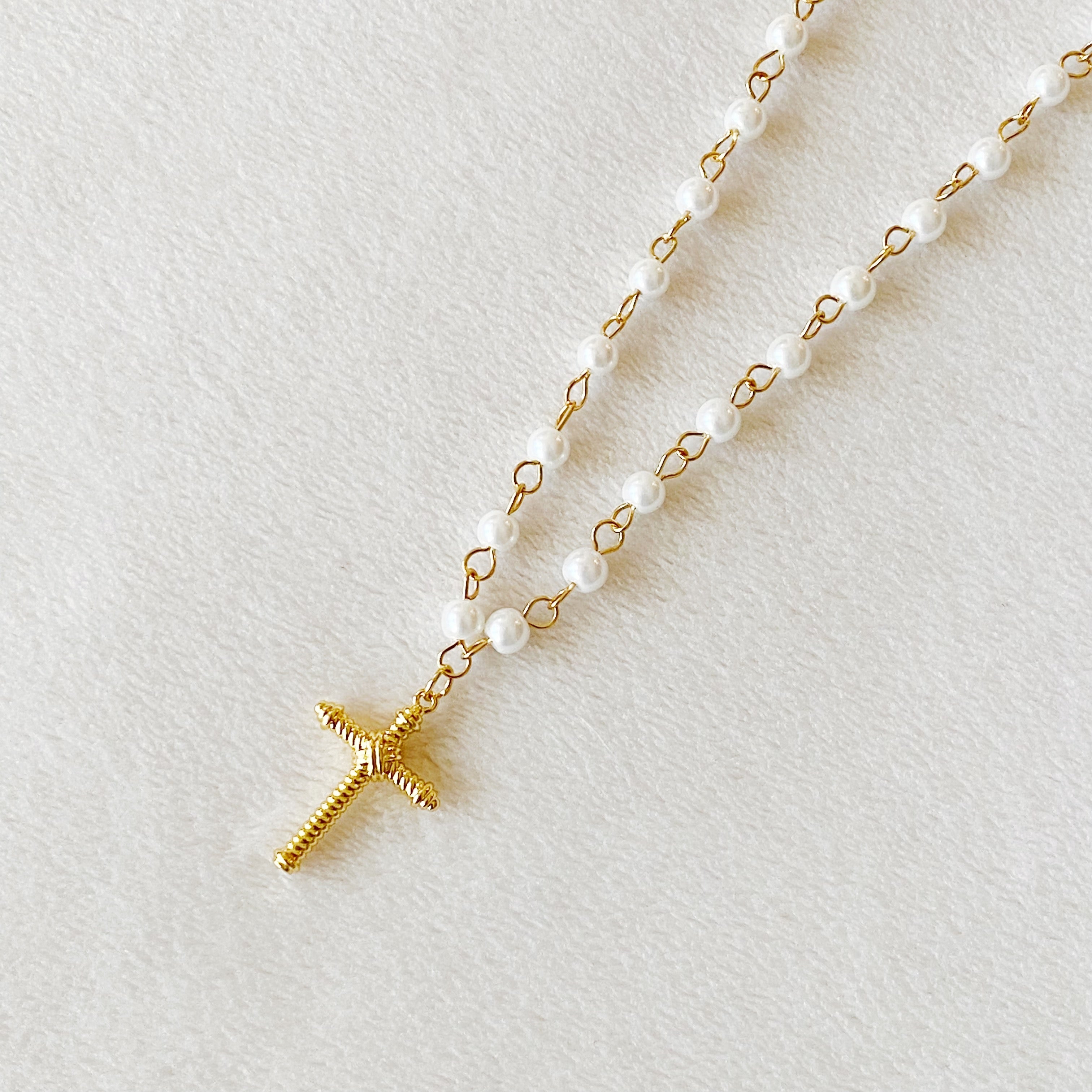 Cabled Cross & Pearl Pendant Necklace | 18K Gold Plated | Glass Pearls | Lead & Nickel Free | Faith Jewelry | Ellison + Young