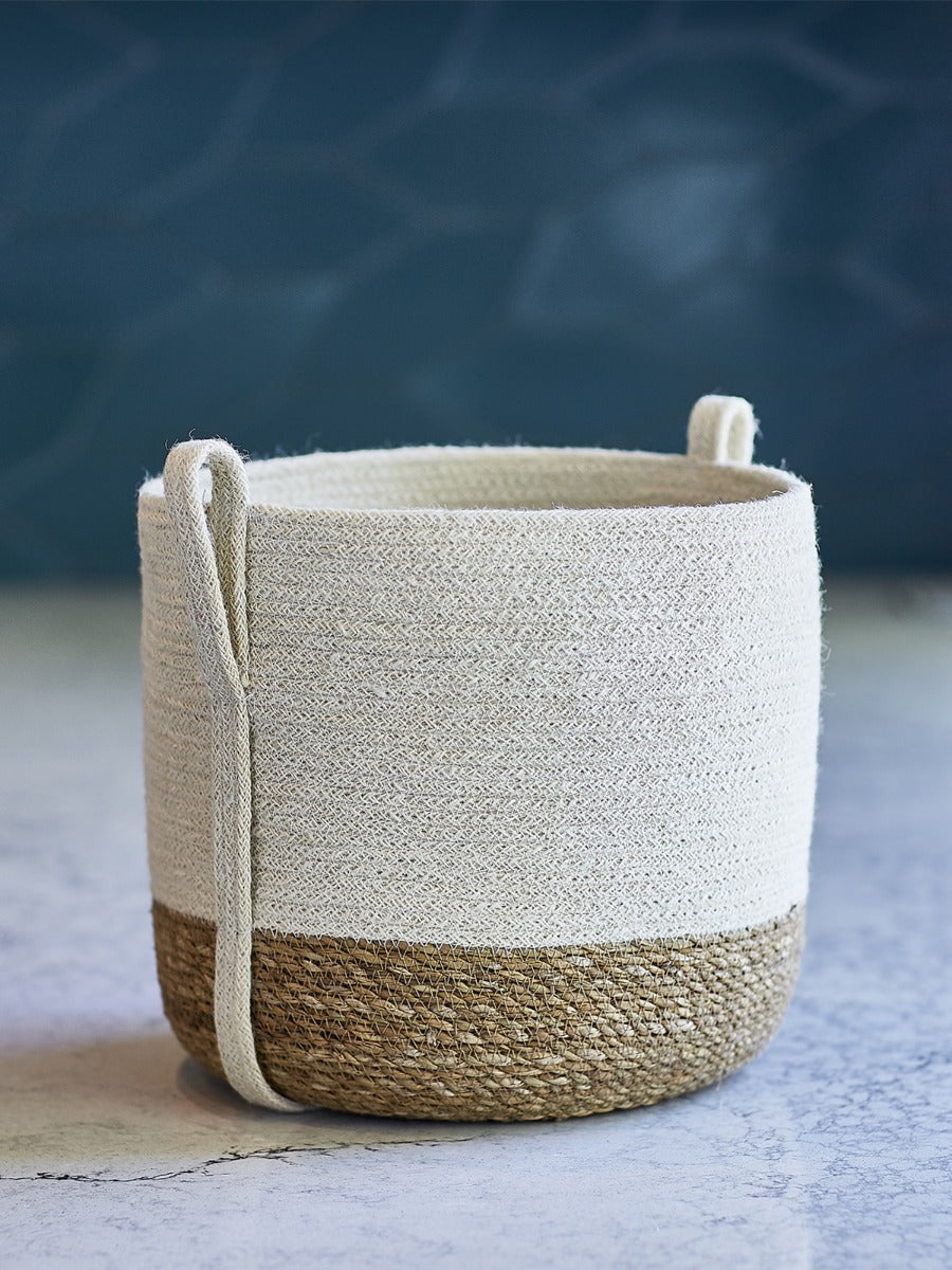 Handmade Jute & Seagrass Basket with Side Handle | Made in Bangladesh | Natural & White | Korissa