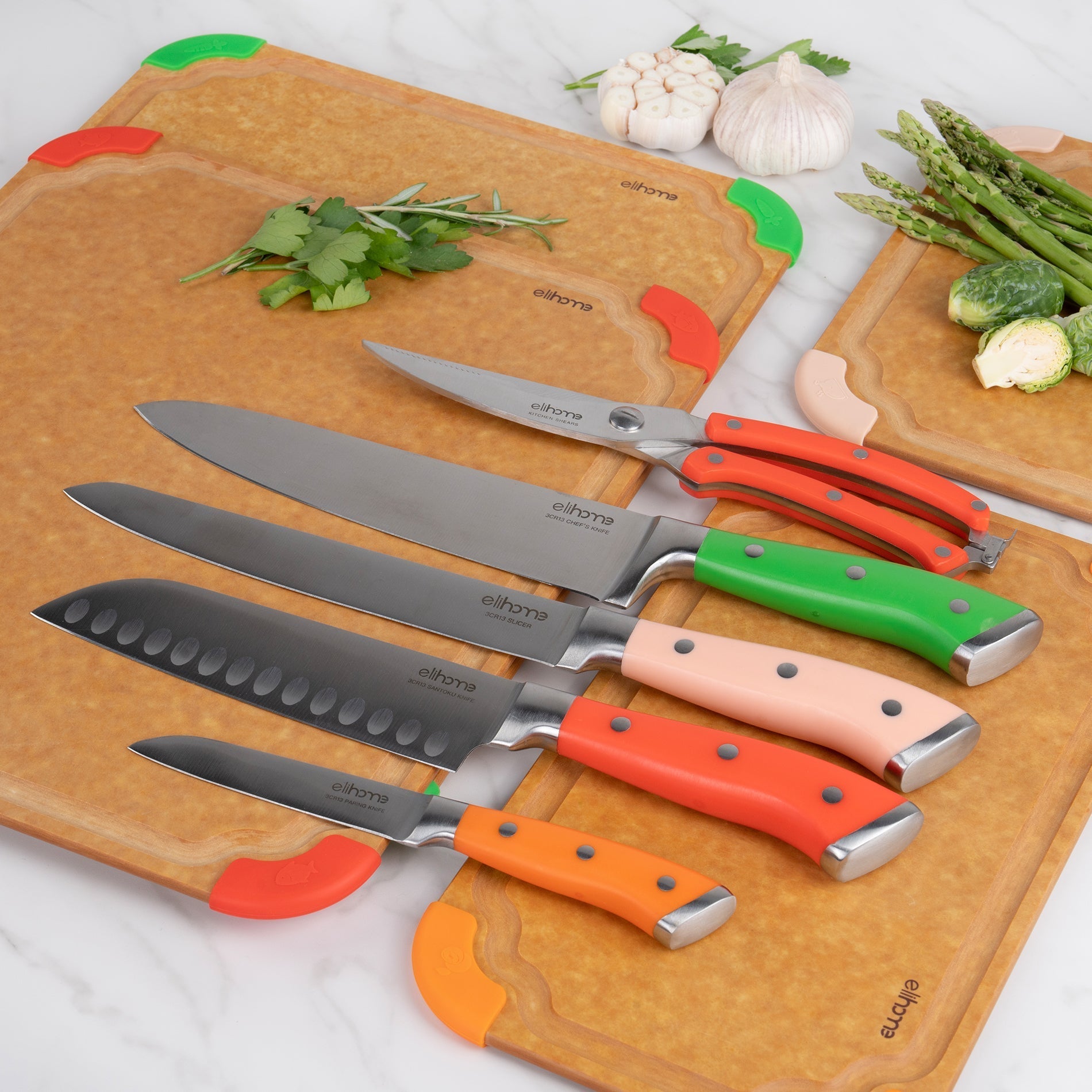 9-Piece Cutting Board & Knife Set | Cutting Wise | German Stainless Steel | Color-Coded Boards | Chef, Santoku, Slicer, Paring & Shears