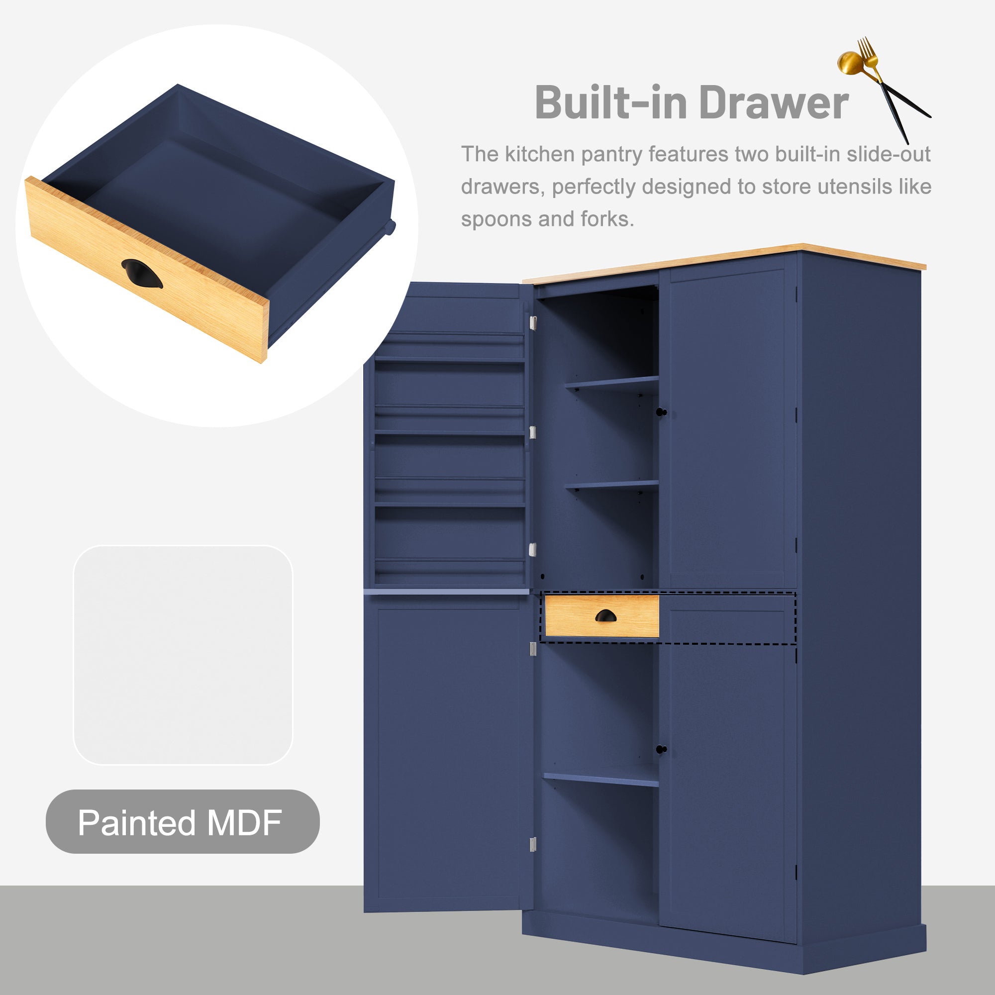 Large Kitchen Pantry Storage Cabinet | 71" Tall | MDF | White, Gray or Blue