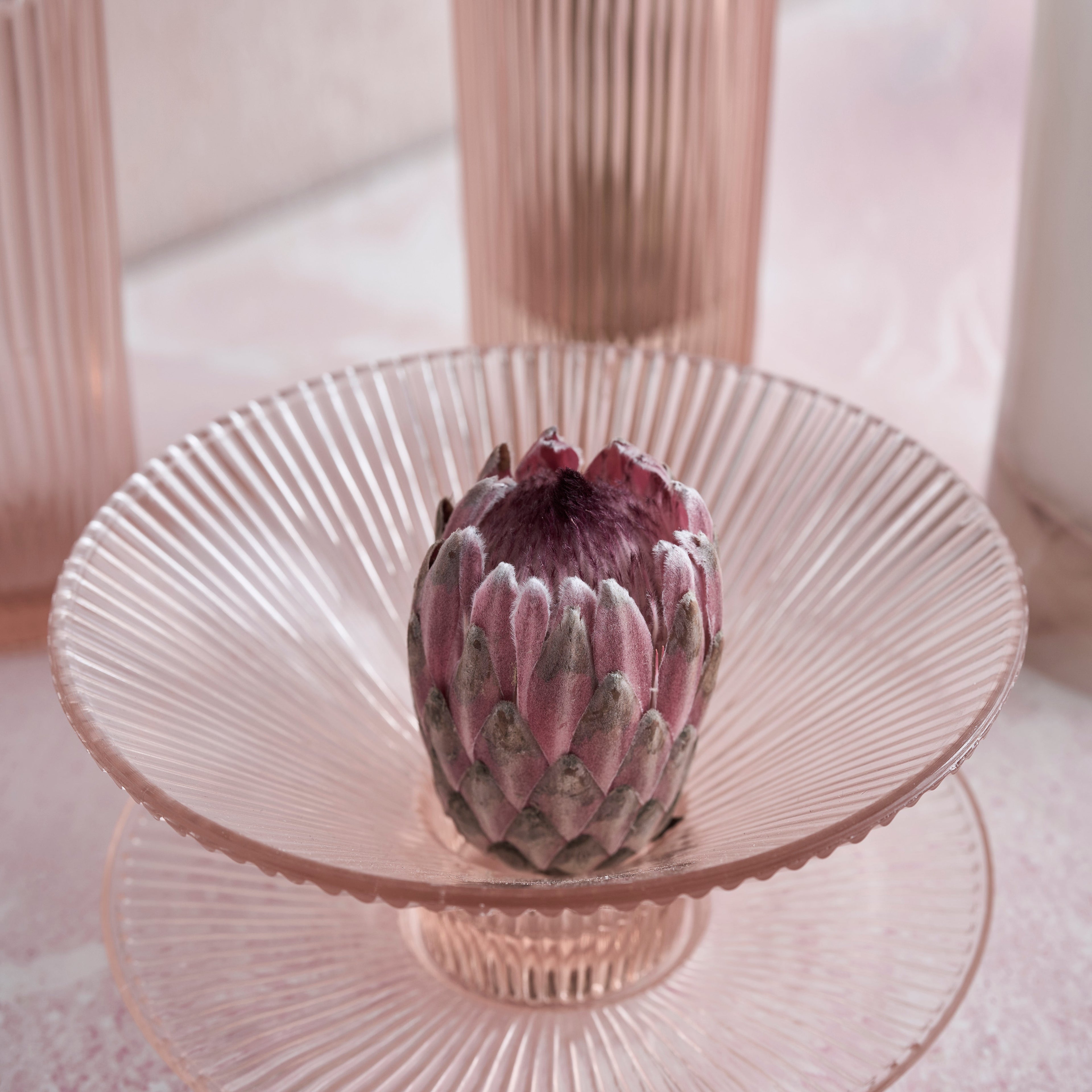 Pressed Pink Glass Low Bowl | Textured Mold-Pressed Glass | Powered by People