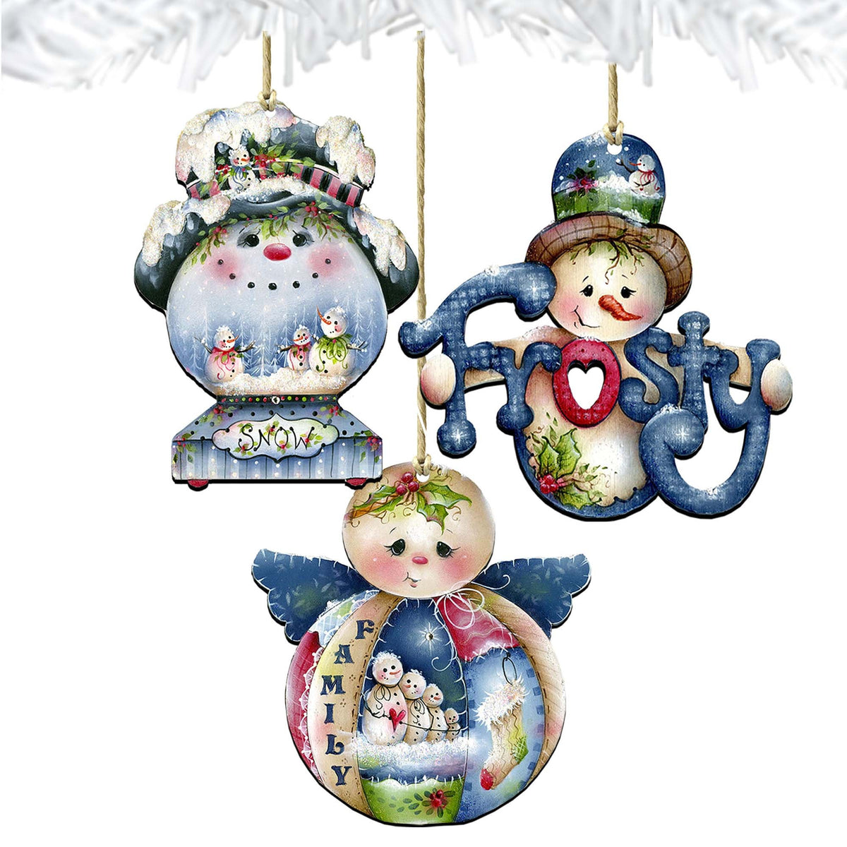 Home for The Holidays Wooden Ornaments Set of 3 by Jamie Mills-Price - Christmas Santa Snowman Decor - 8100037S3-MP