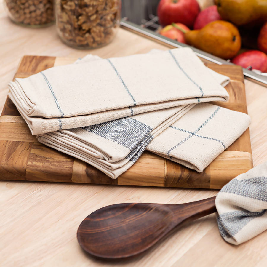 Minimal Kitchen Towel | Pack of 4 | Super Absorbent | 80% Upcycled Cotton | 20"x28" | Natural & Denim | Meema
