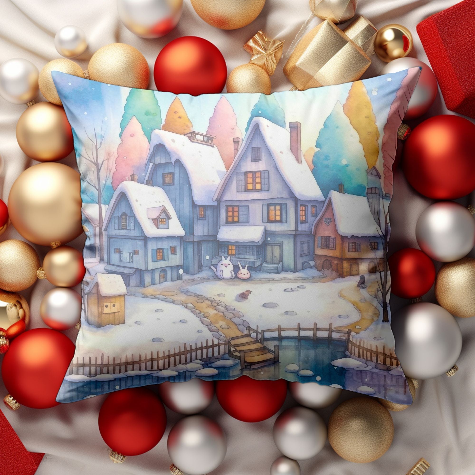 Christmas Village Winter Throw Pillow — Indoor & Outdoor Holiday Decor