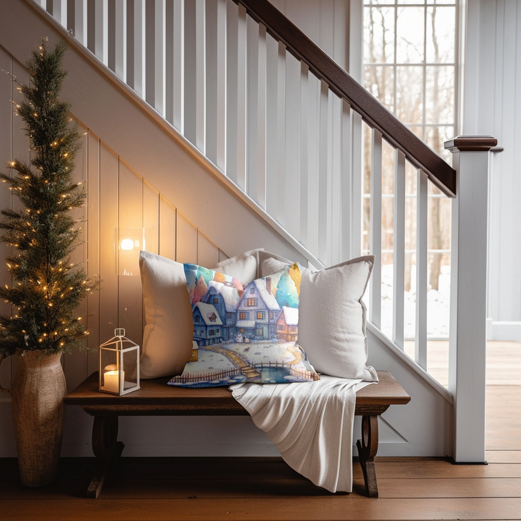 Christmas Village Winter Throw Pillow — Indoor & Outdoor Holiday Decor