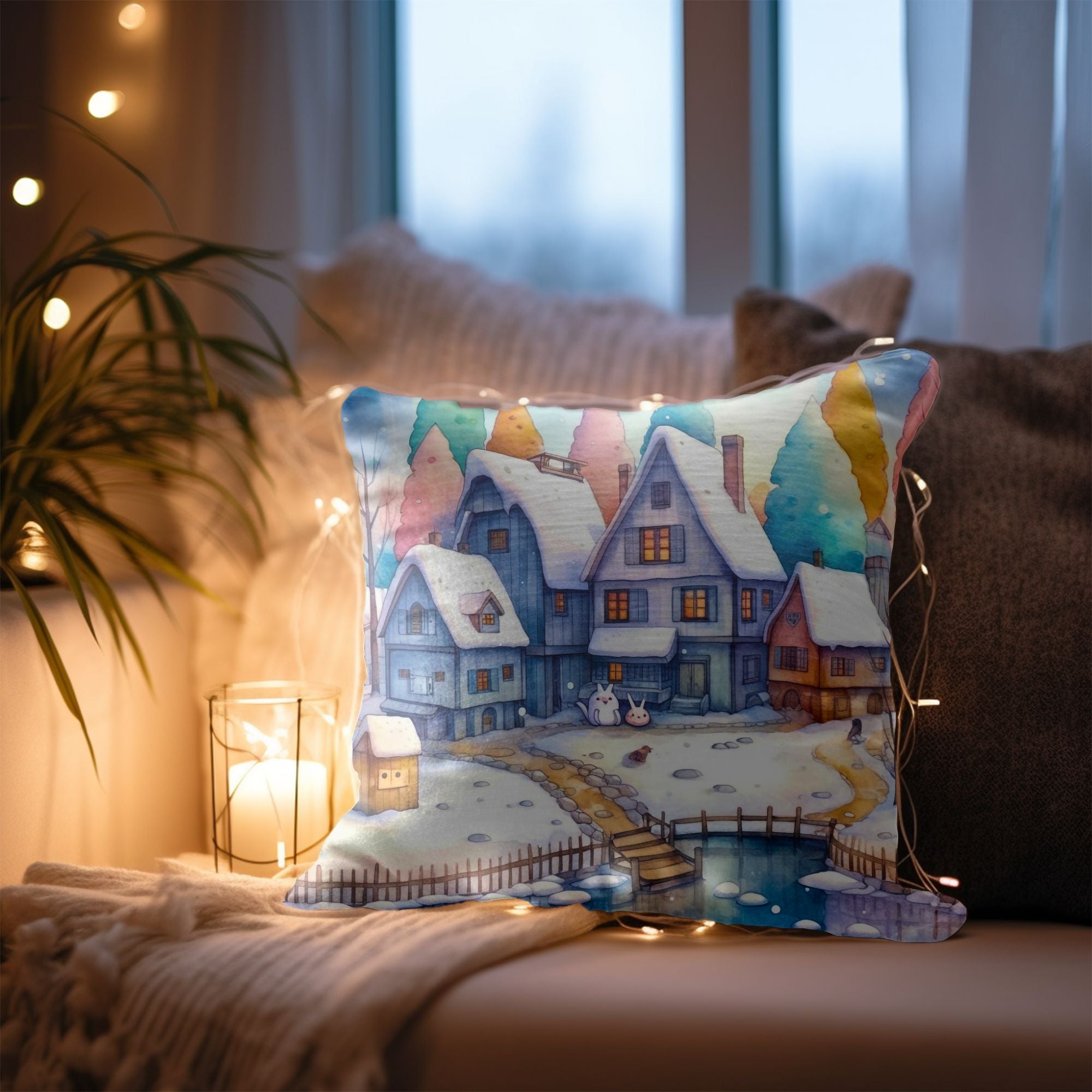 Christmas Village Winter Throw Pillow — Indoor & Outdoor Holiday Decor