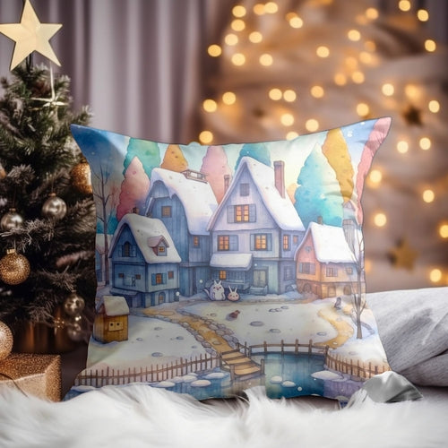 Christmas Village Winter Throw Pillow — Indoor & Outdoor Holiday Decor