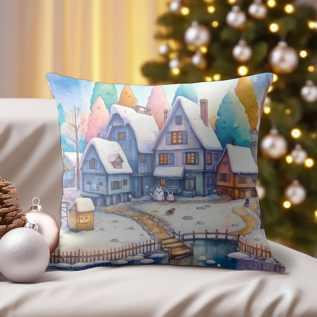 Christmas Village Winter Throw Pillow — Indoor & Outdoor Holiday Decor