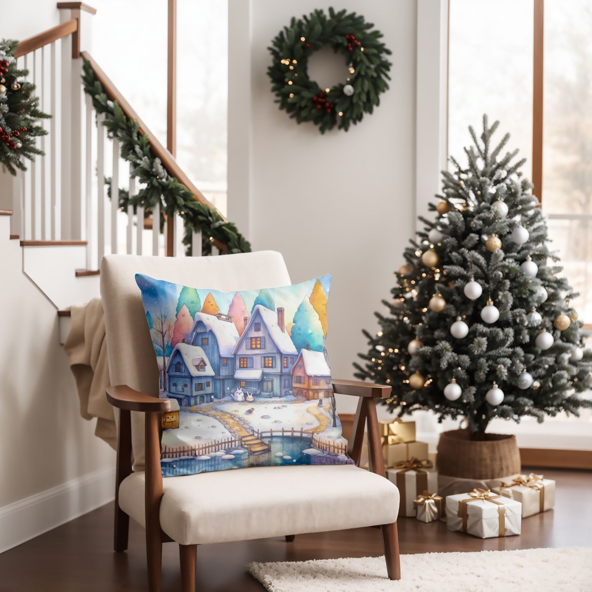 Christmas Village Winter Throw Pillow — Indoor & Outdoor Holiday Decor