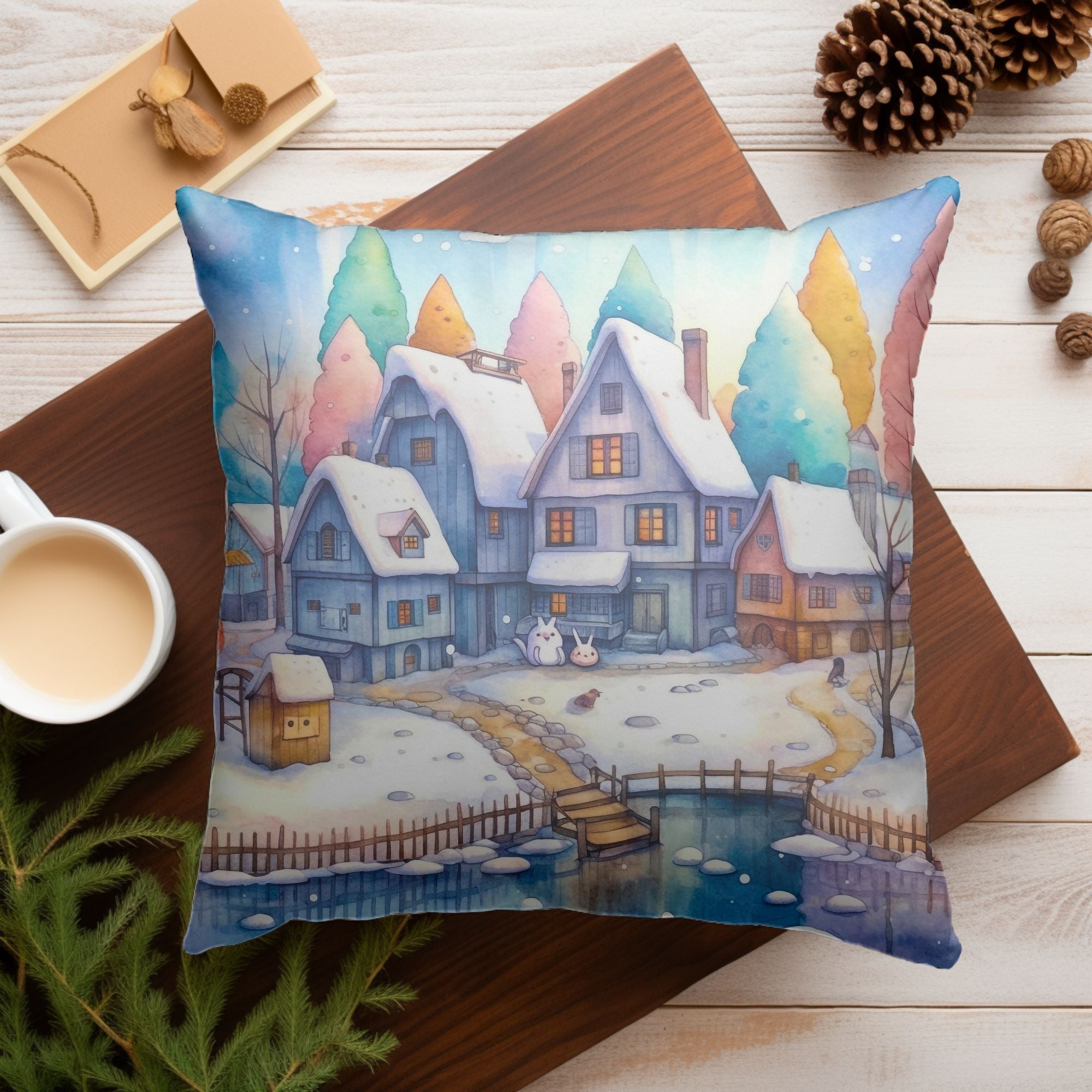 Christmas Village Winter Throw Pillow — Indoor & Outdoor Holiday Decor