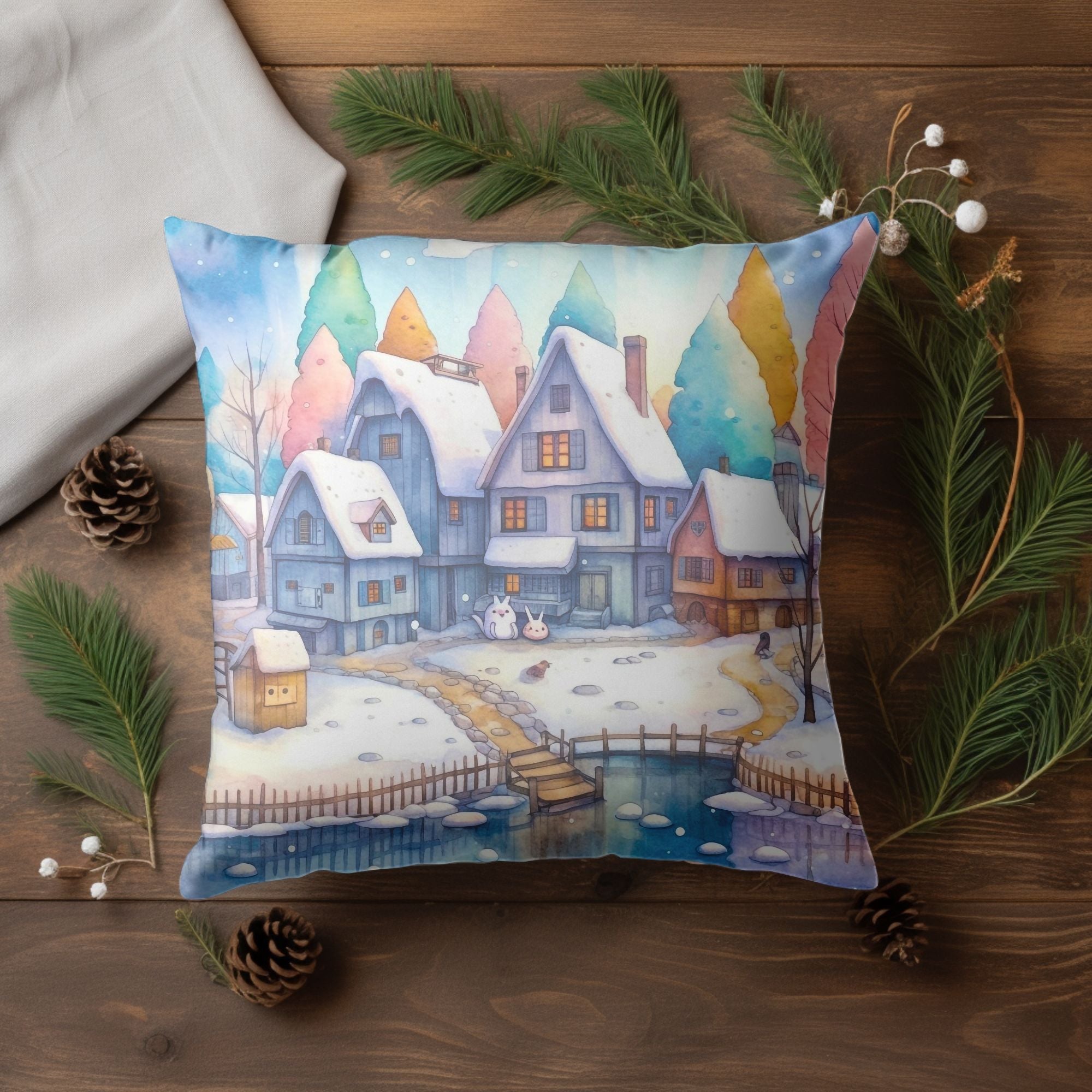Christmas Village Winter Throw Pillow — Indoor & Outdoor Holiday Decor