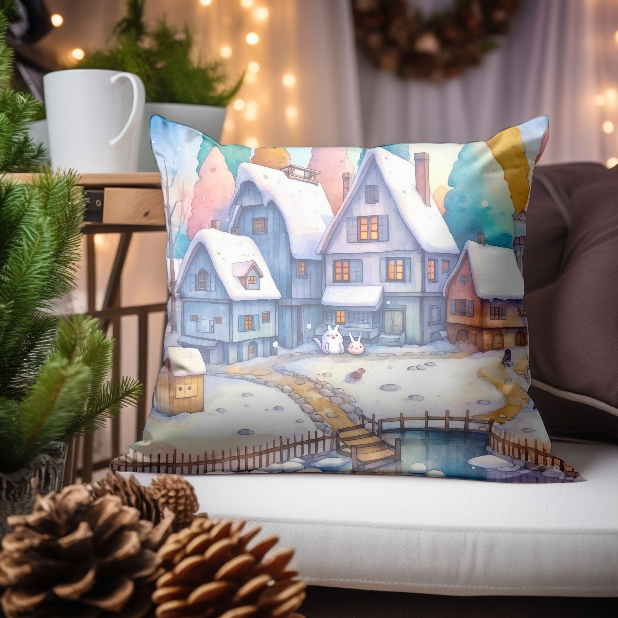 Christmas Village Winter Throw Pillow — Indoor & Outdoor Holiday Decor
