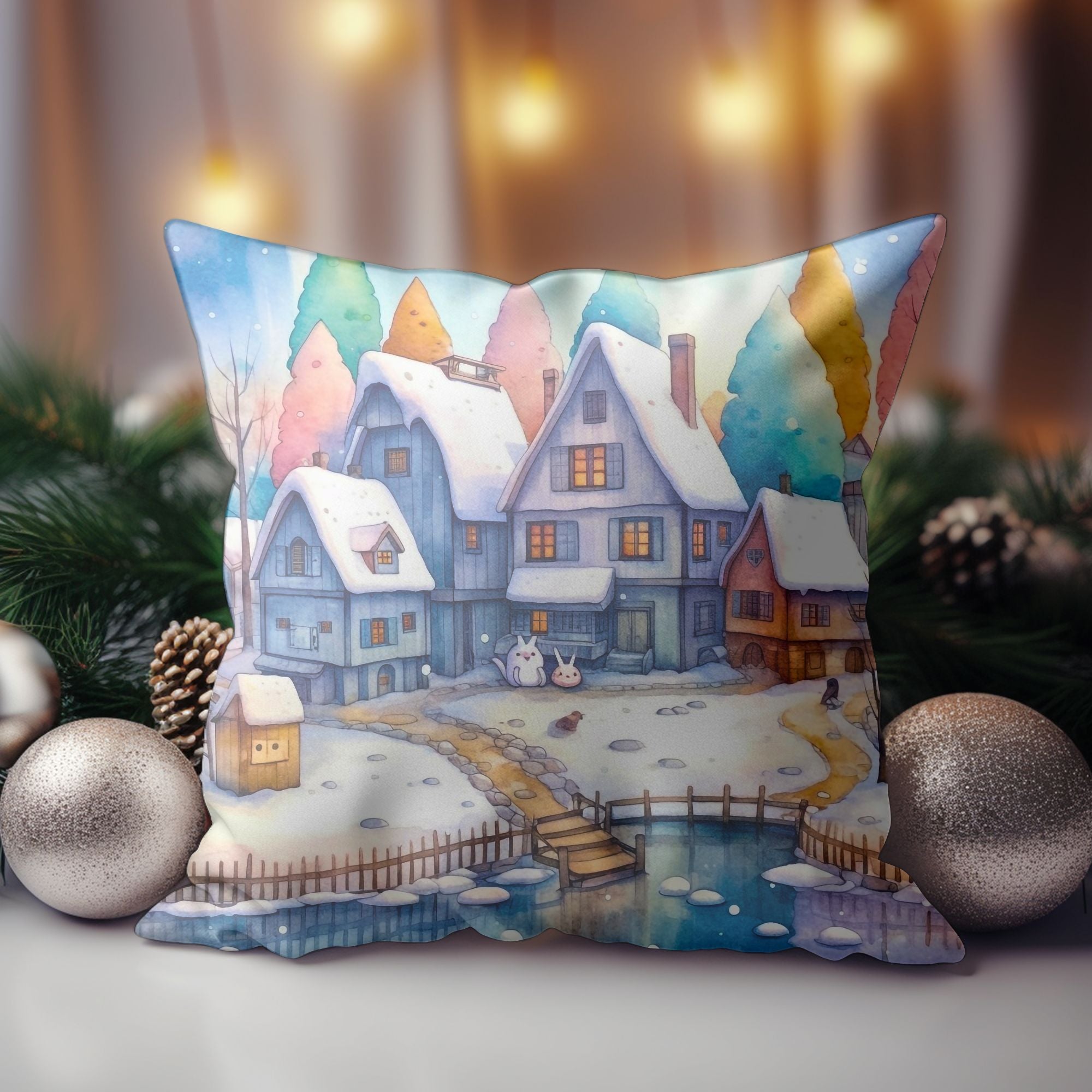 Christmas Village Winter Throw Pillow — Indoor & Outdoor Holiday Decor