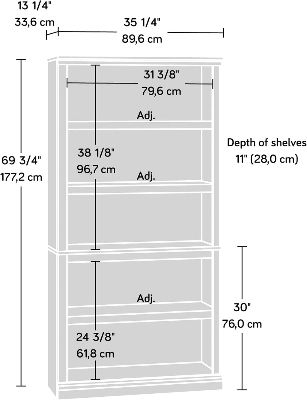 Estate Black 5 Shelf Bookcase 35.28 x 13.23 x 69.76 Inches