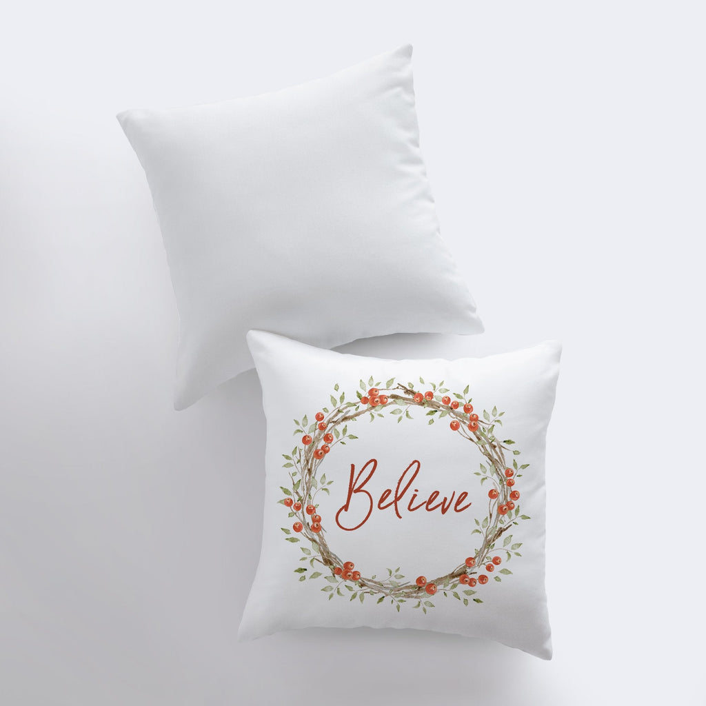 "Believe" Berry Wreath Christmas Throw Pillow — Handmade Holiday Decor
