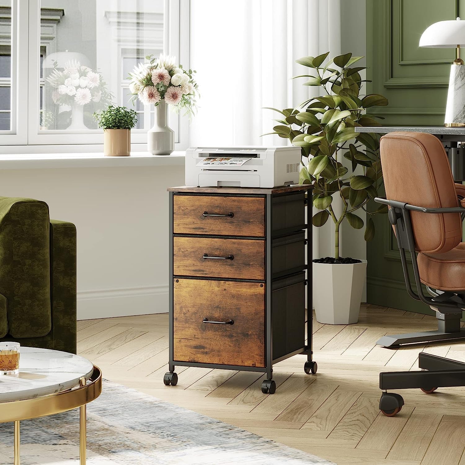 Rolling File Cabinet 3 Drawer In Rustic Brown Office Furniture