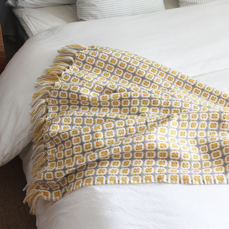 Yellow Houndstooth Knitted Throw Blanket — Pastoral Bohemian Style