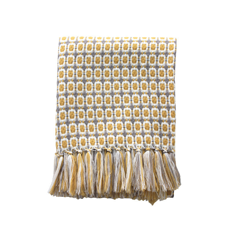 Yellow Houndstooth Knitted Throw Blanket — Pastoral Bohemian Style