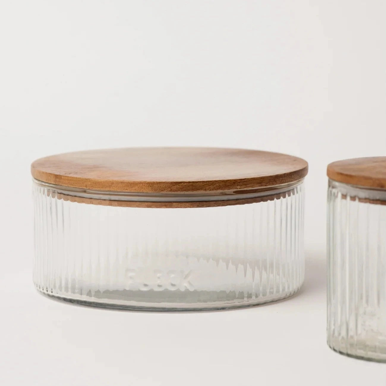 Hand-Blown Fluted Glass Storage Jars | Set of 3 | Wood Lid