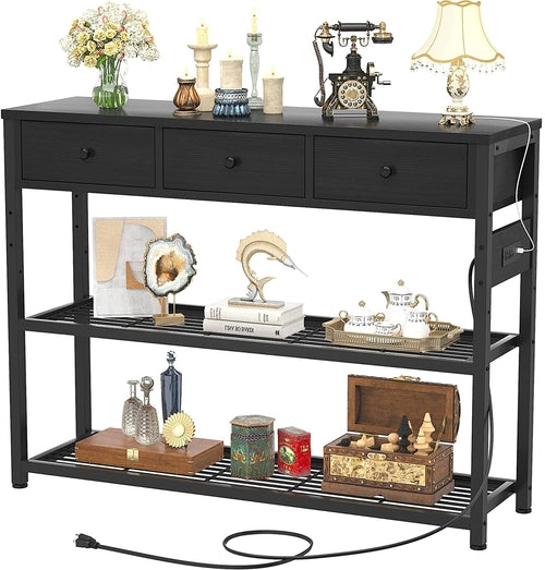 Black Console Table With USB Ports And Outlets For Living Room