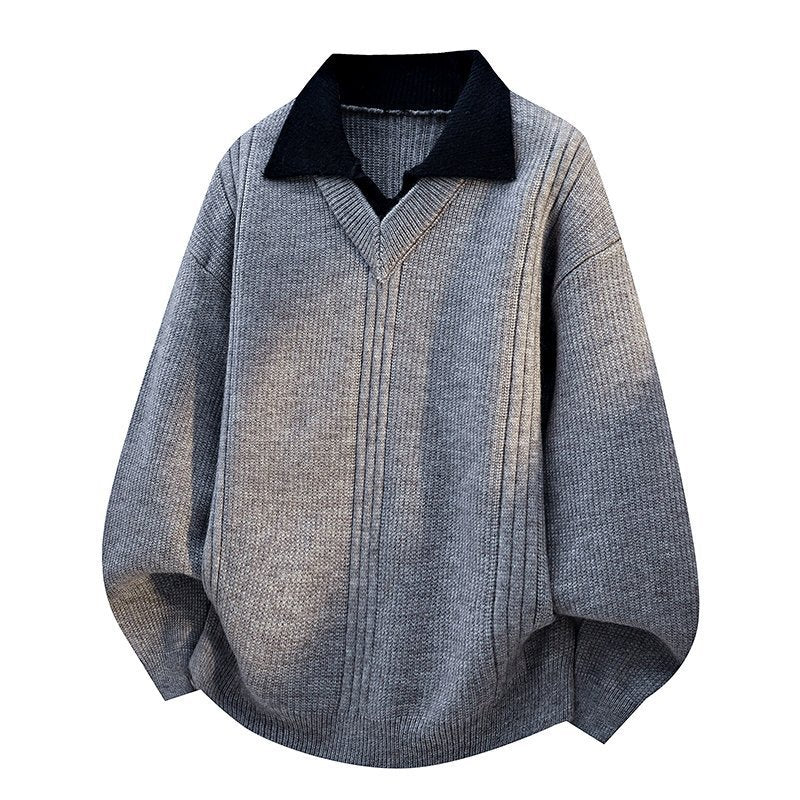 Men's Relaxed Fit Layered Look Turn-Down Collar Knit Sweater