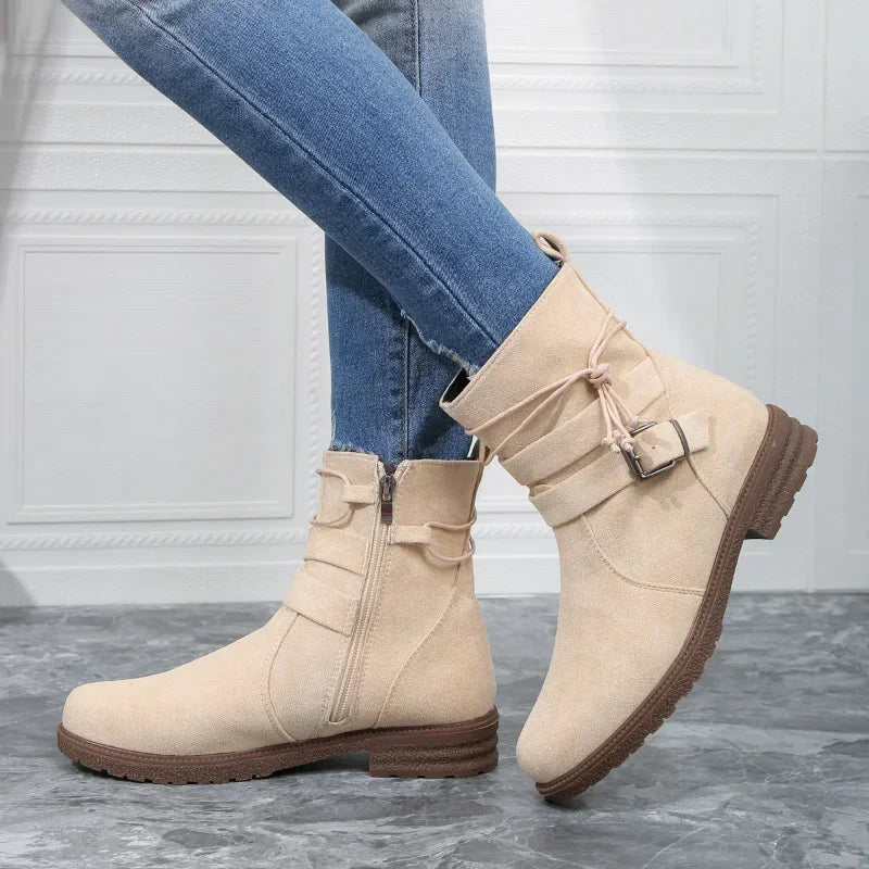 Women Belt Buckle Ankle Boots Chunky Chelsea Boots Autumn Winter Female New Designer Brand Mid Heels Casual Vintage Boots 2024