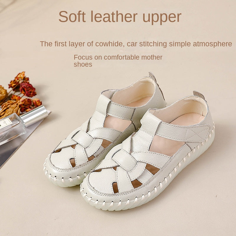 Leather perforated shoes with hollowed out toe caps for women soft soled non slip flat sandals for women