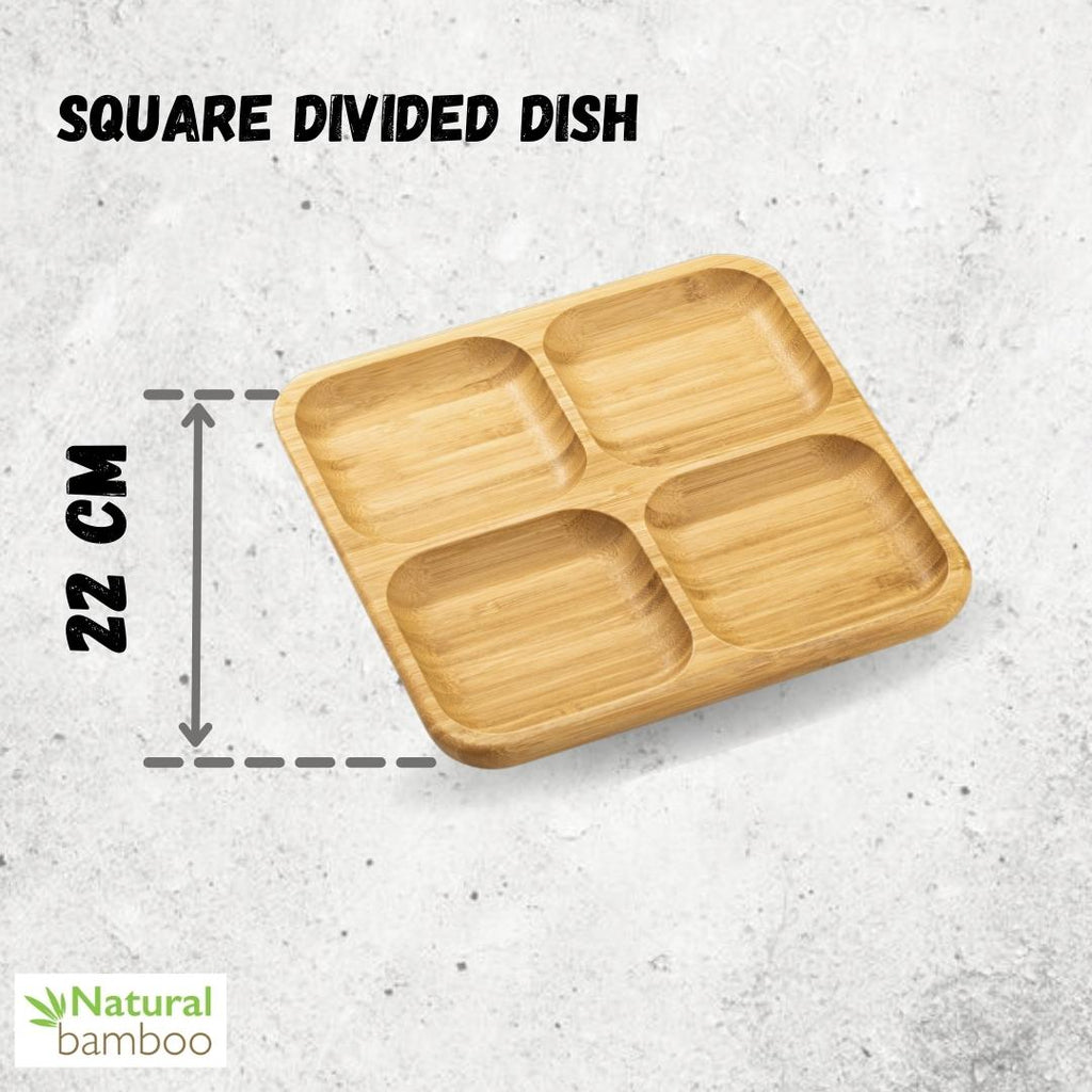 Bamboo Square Divided Serving Dish | 4 Wells | 8.5" | Natural Bamboo | Heatproof | WILMAX