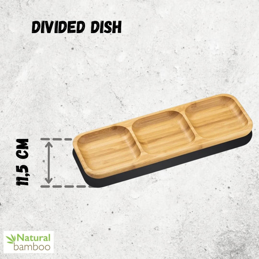 Natural Bamboo Divided Serving Dish | 13" x 4.5" | 3-Well Bento Tray | Wilmax England
