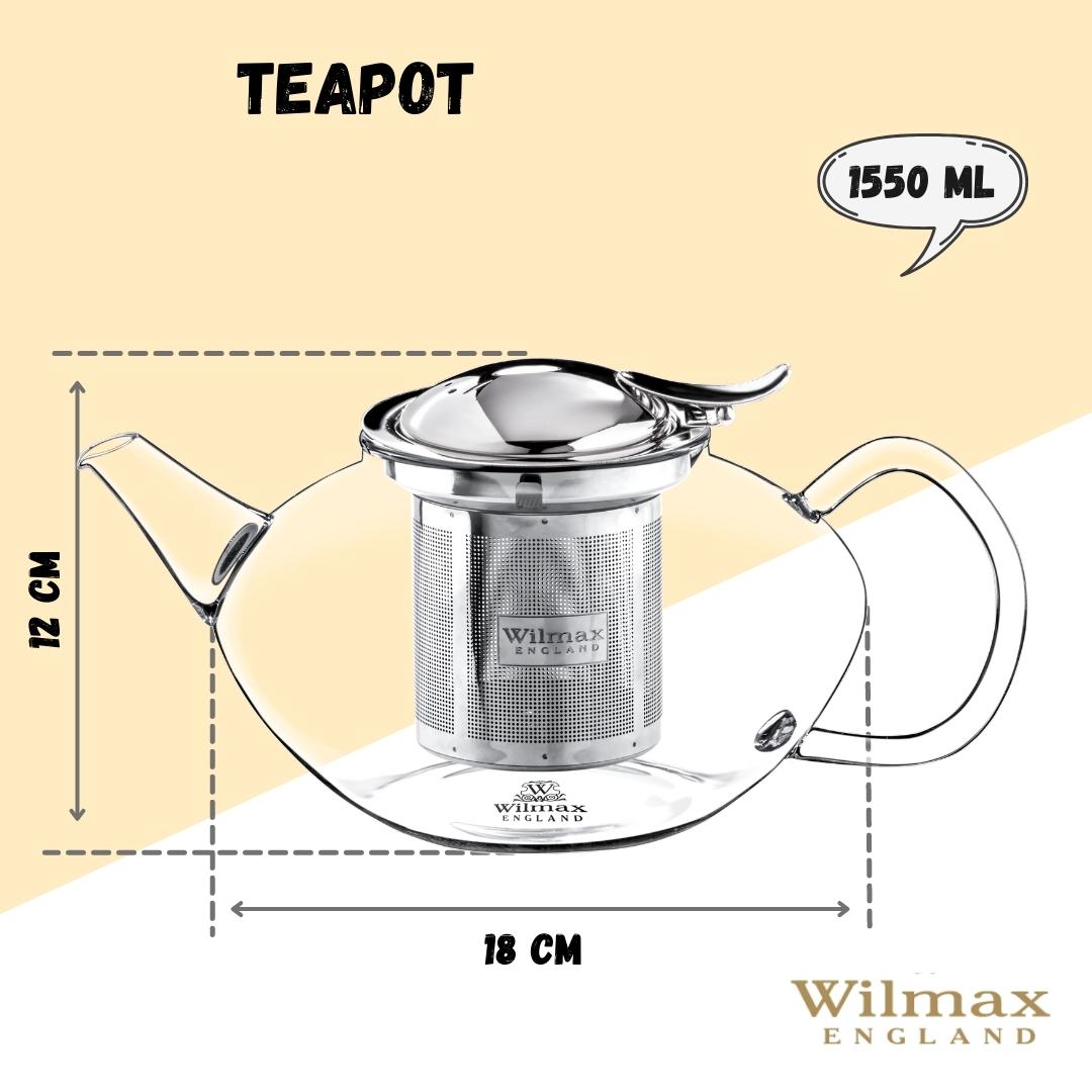 Wilmax Thermo Glass Teapot | 52 oz | Borosilicate Glass | Stainless Steel Infuser | Stovetop Safe