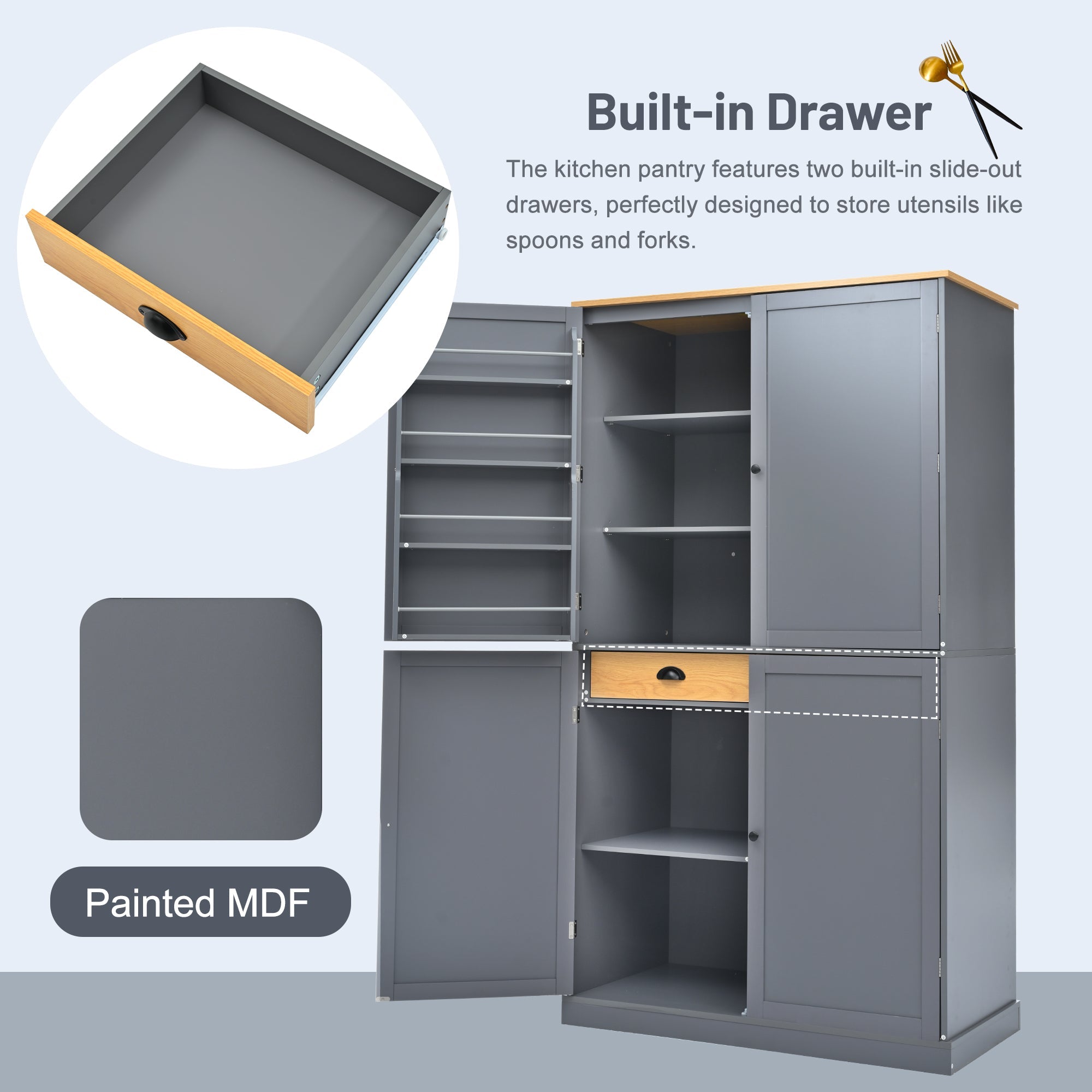 Large Kitchen Pantry Storage Cabinet | 71" Tall | MDF | White, Gray or Blue