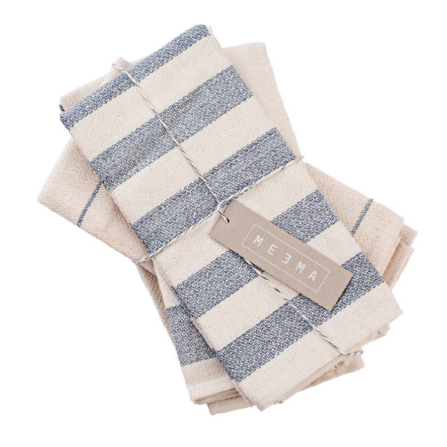 Minimal Kitchen Towel | Pack of 4 | Super Absorbent | 80% Upcycled Cotton | 20"x28" | Natural & Denim | Meema